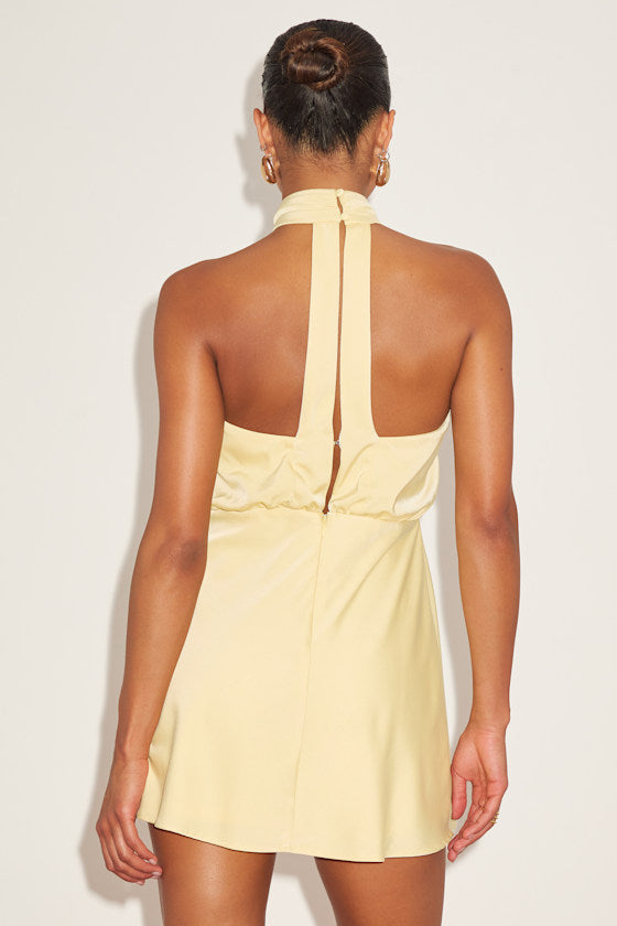 Sleek Essence White Polka Dot Satin Halter Sleeveless Mini Dress