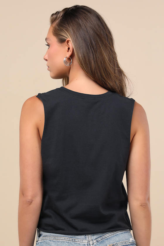 Cassette Washed Black Cropped Graphic Muscle Tank Top