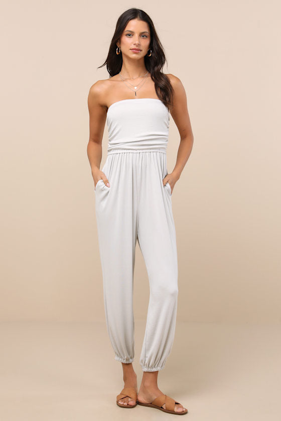 Flawless Comfort Black Ruched Strapless Jogger Jumpsuit