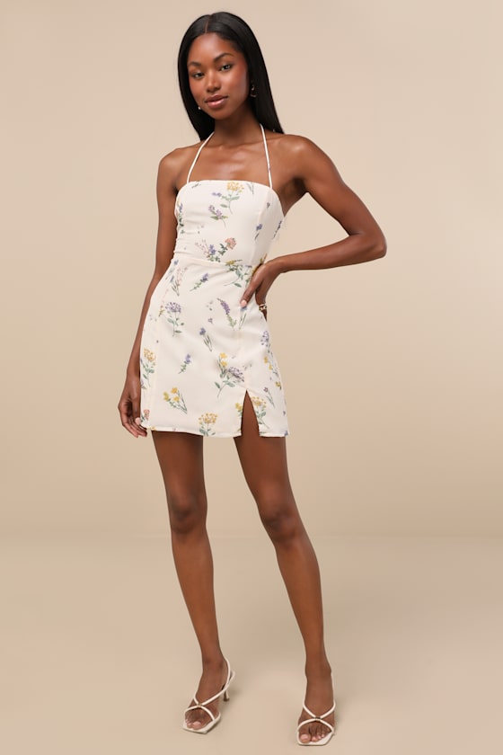 Catch the Bouquet Light Yellow Floral Halter Lace-Up Mini Dress
