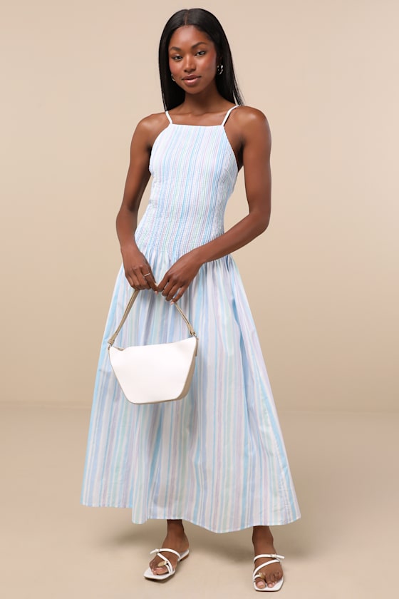 Jalessa Light Yellow Multi Striped Drop Waist Midi Dress
