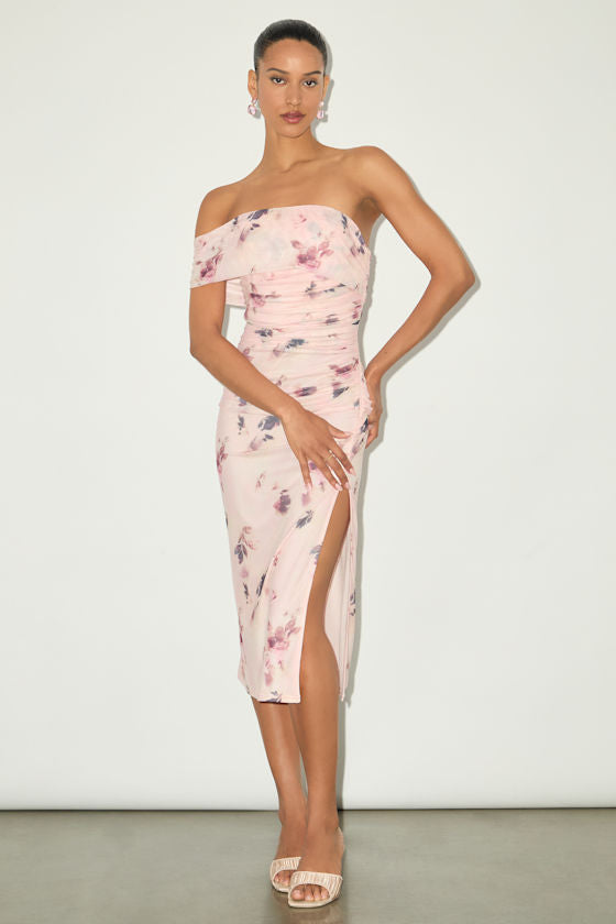 Jayleen Red Mesh One-Shoulder Midi Dress