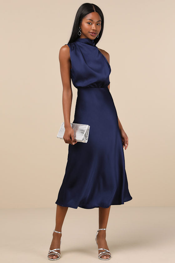Distinctive Charm Olive Green Satin Asymmetrical Midi Dress