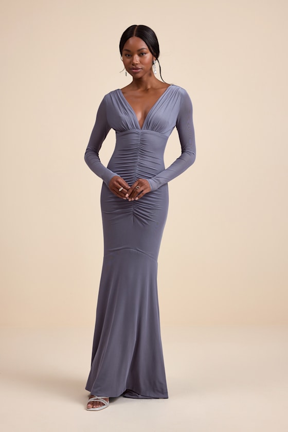 Georgina Black Jersey Knit Ruched Mermaid Maxi Dress