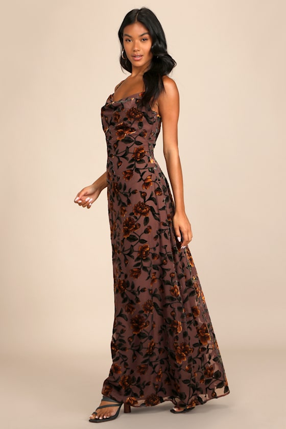 Romance in the Making Beige Floral Print Velvet Maxi Dress