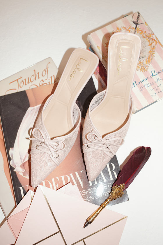Lacey Blush Lace Bow Kitten Heel Mule Pumps