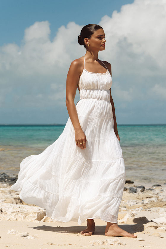 Ameera White Textured Tiered Backless Maxi Dress