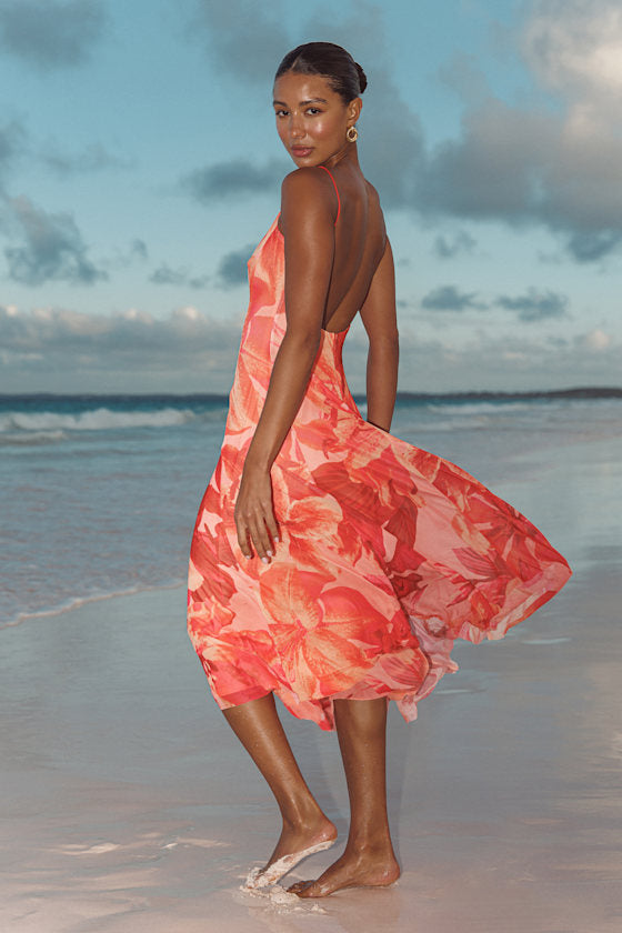 Atori Red Multi Floral Print Mesh Sleeveless Midi Dress