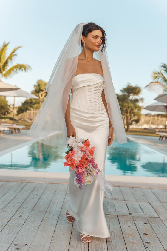 Dawn White Satin Strapless Column Maxi Dress