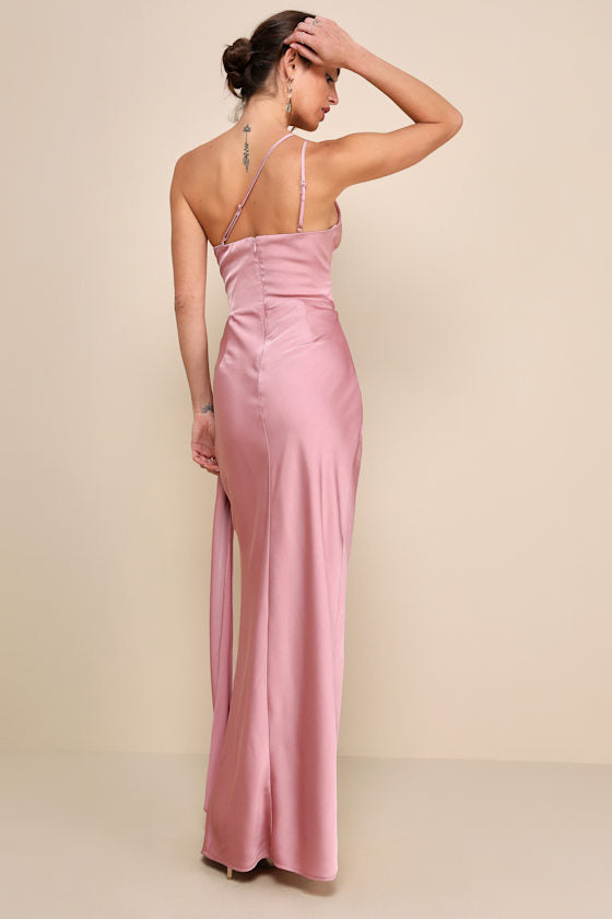 Signature Elegance Plum Purple Satin One-Shoulder Maxi Dress
