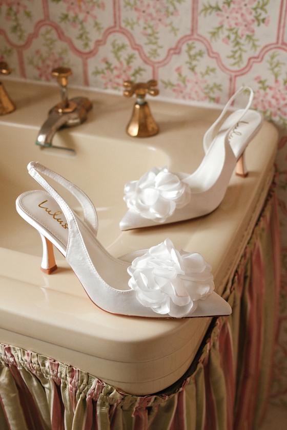 Courtney Ivory Satin Floral Applique Slingback Pumps