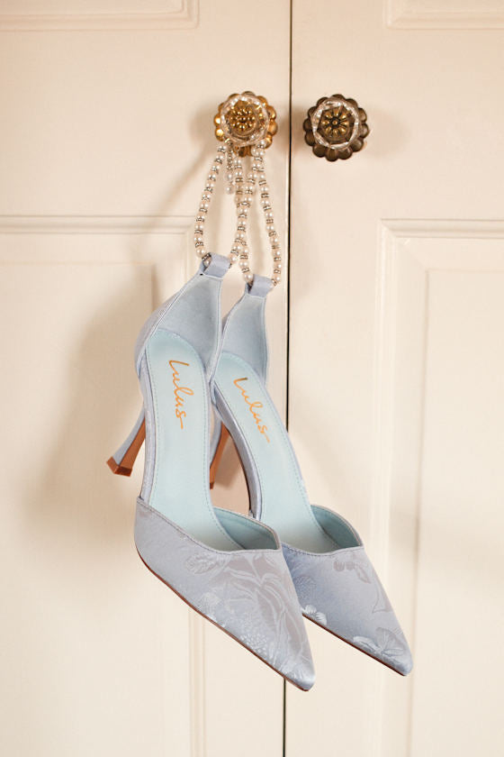 Katie Baby Blue Satin Pearl Pointed-Toe Ankle Strap Pumps