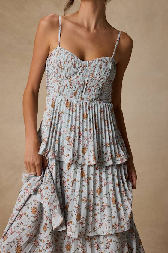 Cascading Crush Light Blue Tiered Bustier Midi Dress