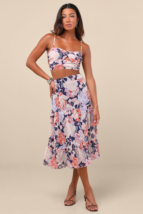 Floating Through Flowers Pink Floral Two-Piece Midi Dress