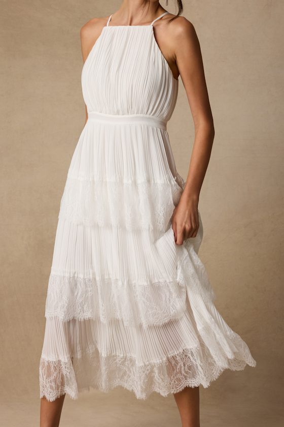 Came For Cocktails Light Blue Pleated Tiered Lace Maxi Dress