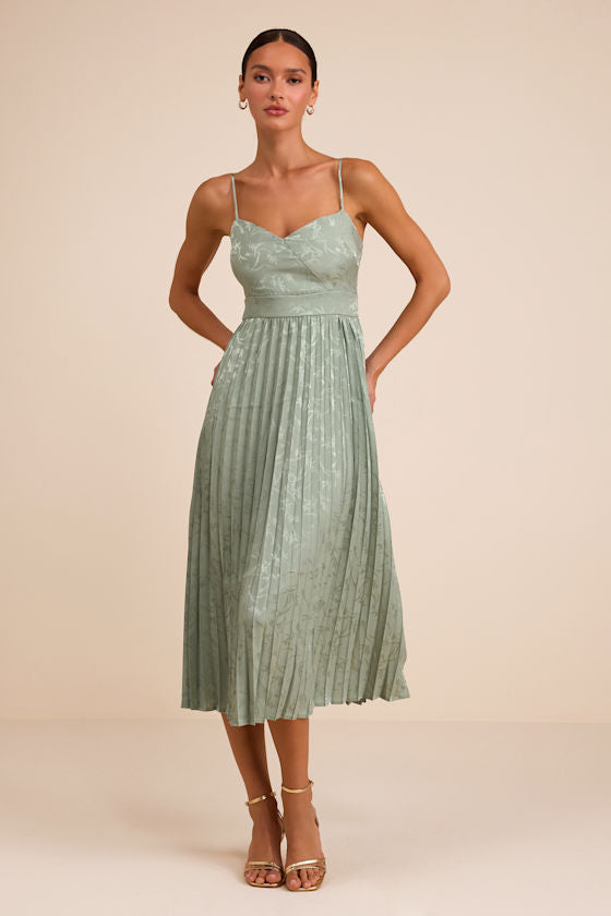 Regal Romance Black Floral Jacquard Pleated Satin Midi Dress