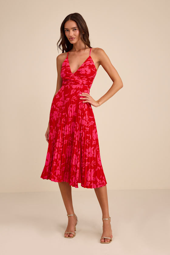 Vibrant Moment Red and Pink Floral Pleated Lace-Up Midi Dress