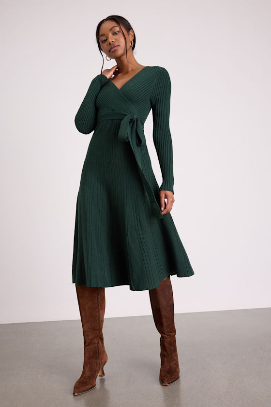 Warm Emotions Emerald Green Skater Midi Sweater Dress