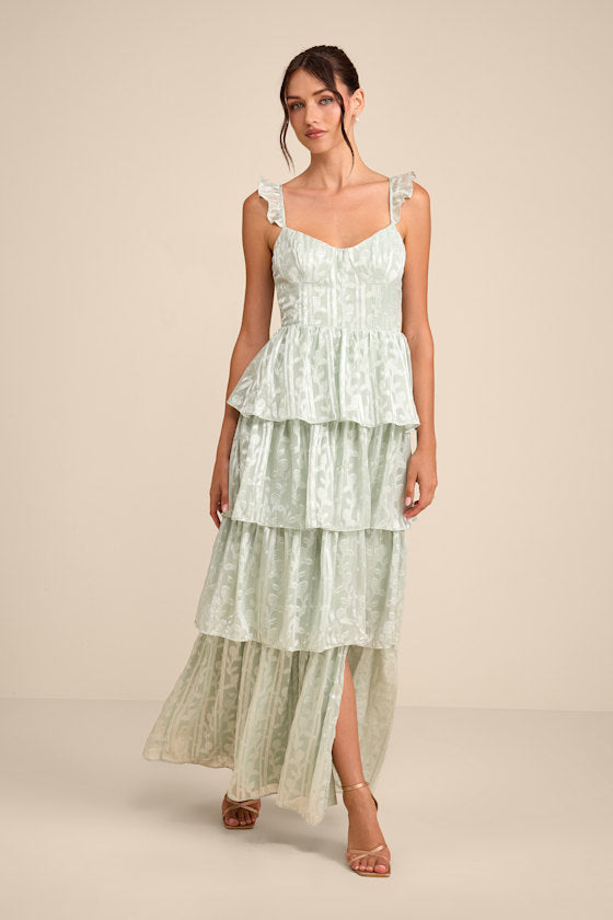 Stunning Glory Light Pink Floral Jacquard Tiered Maxi Dress