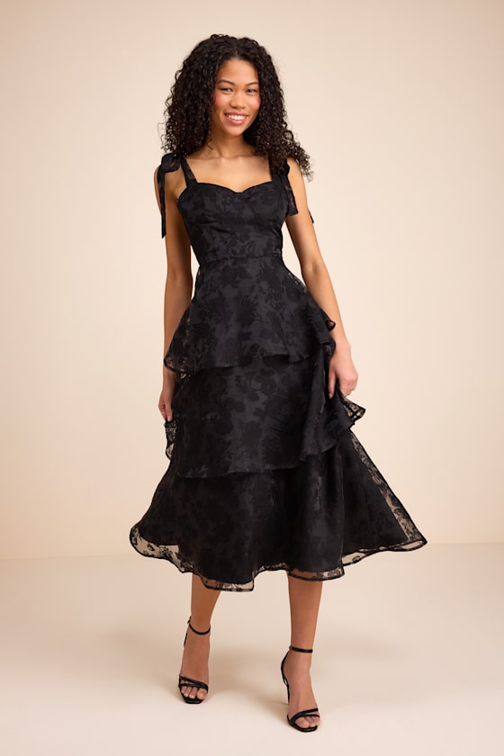 Glamorous Sweetie Black Burnout Tie-Strap Bustier Midi Dress