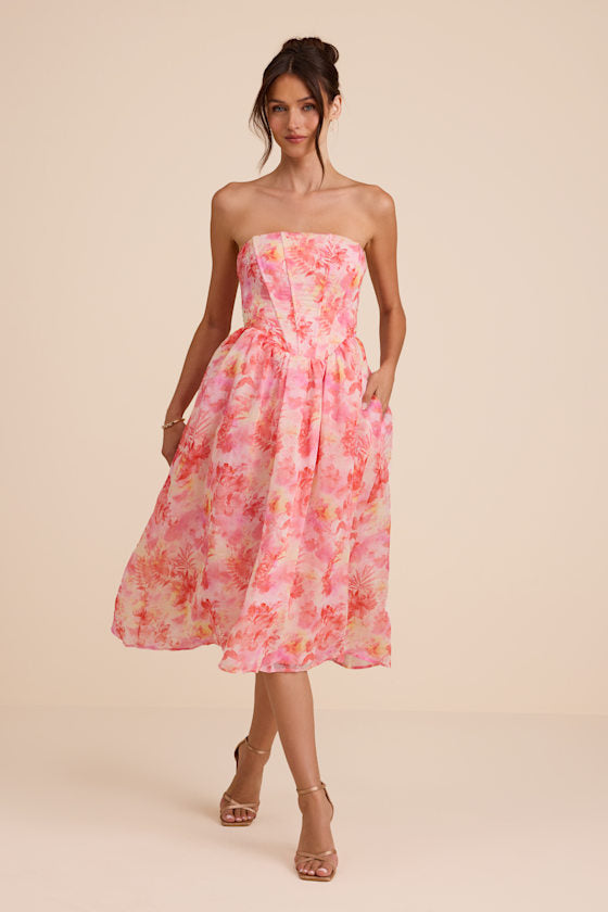 Eulalia Dark Blue Floral Lace-Up Strapless Bustier Midi Dress