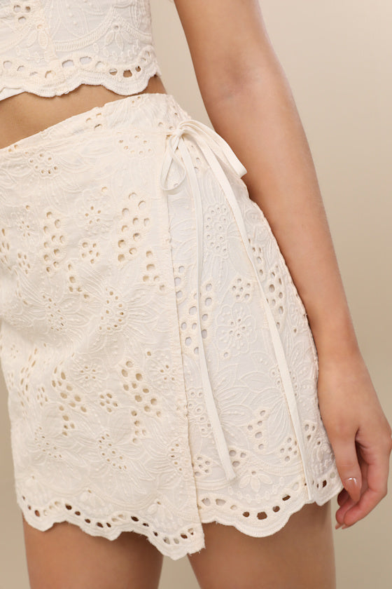 Kamilla Rust Red Eyelet Embroidered Mini Wrap Skirt