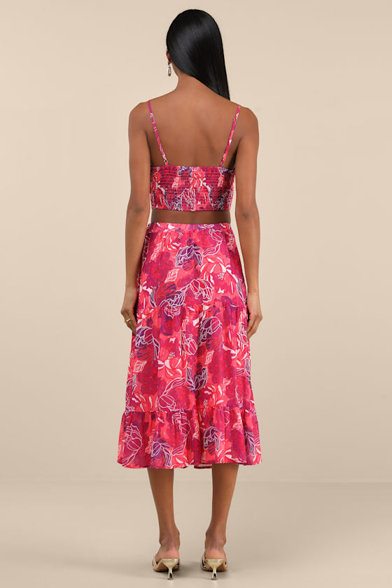 Floating Through Flowers Pink Floral Two-Piece Midi Dress