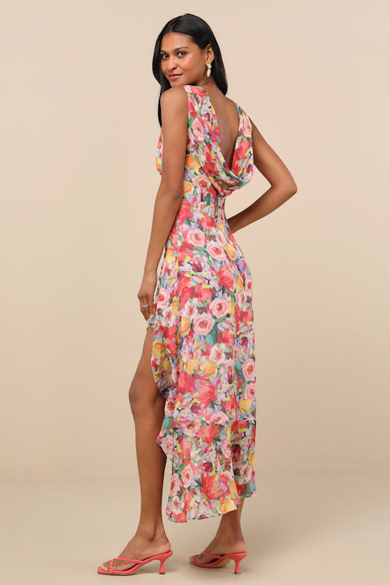 Laraline Navy Ruffled Cowl Back Maxi Dress