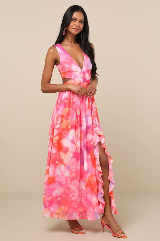 Elisanna Purple Multi Floral Lace-Up Midi Dress