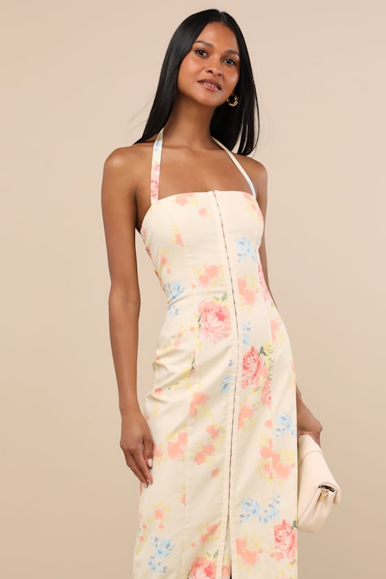 Arrosa White Floral Halter Midi Dress