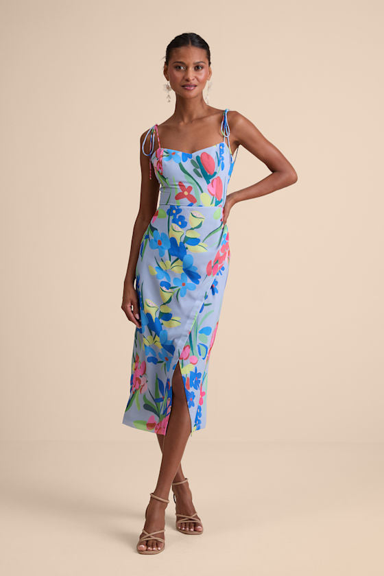 Kristel Blue Floral Print Tie-Strap Midi Dress