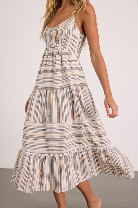 Journi Green Multi Striped Tiered Midi Dress