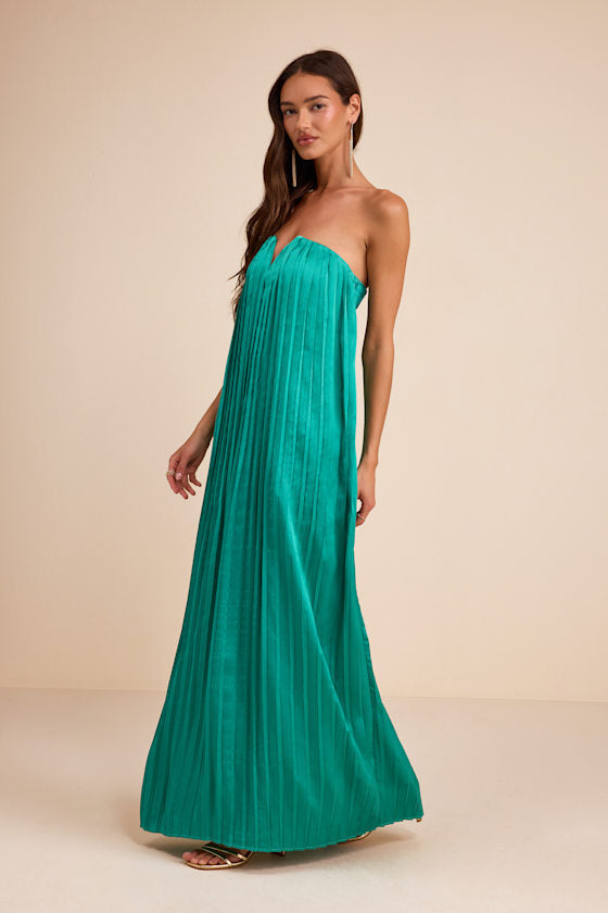 Celandine Teal Green Pleated Strapless Swing Maxi Dress