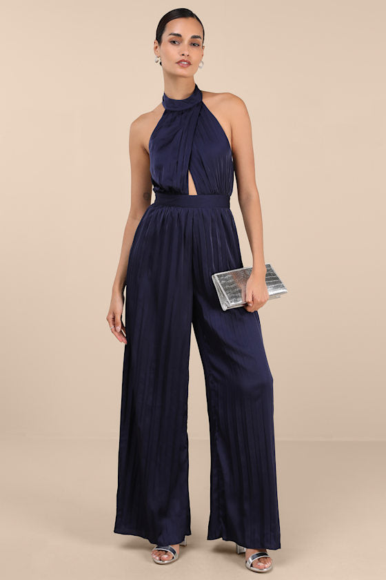 Confident Impression Burgundy Satin Pleated Halter Jumpsuit