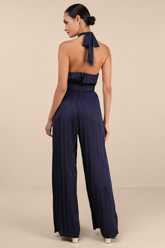 Confident Impression Burgundy Satin Pleated Halter Jumpsuit