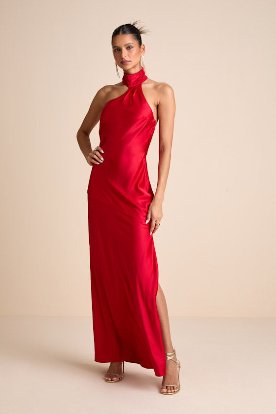 Madalena Dark Brown Satin Cowl Back Maxi Dress
