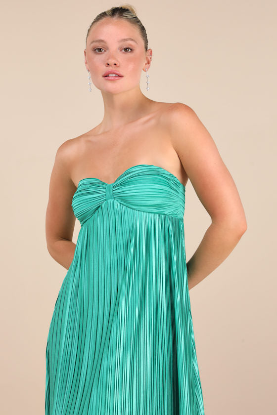Whimsical Beauty Dark Purple Satin Plisse Strapless Maxi Dress