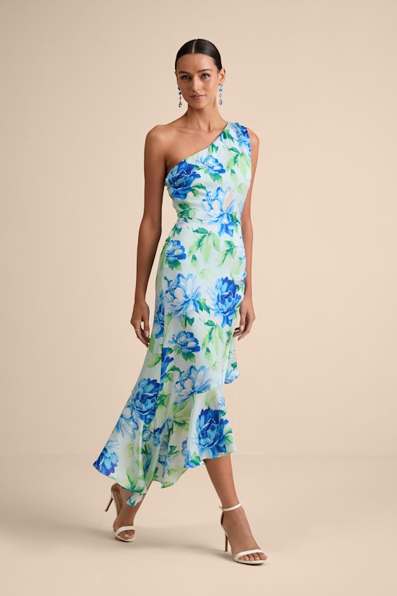 Divinely Blooming Pink Multi Floral One-Shoulder Midi Dress