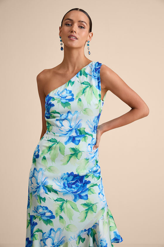 Divinely Blooming Blue Multi Floral One-Shoulder Midi Dress