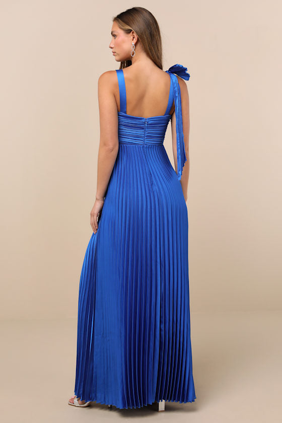 Gorgeous Purpose Pink Satin Pleated Sleeveless Bow Maxi Dress