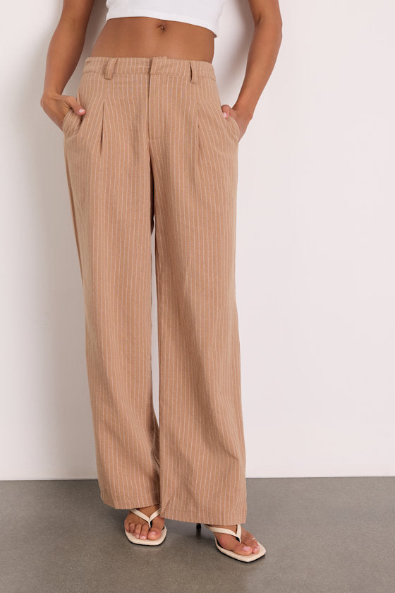 Siyana Tan Pinstriped Linen Straight Leg Trouser Pants