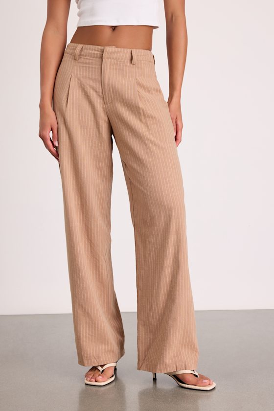 Siyana Tan Pinstriped Linen Straight Leg Trouser Pants