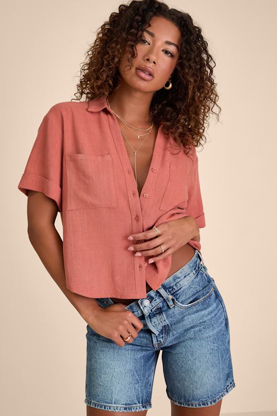Summer Escapades Light Blue Linen Collared Button-Up Top