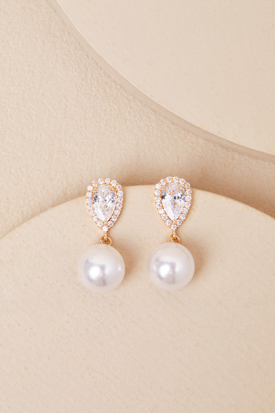 Miona Gold and White Pearl Rhinestone Drop Earrings