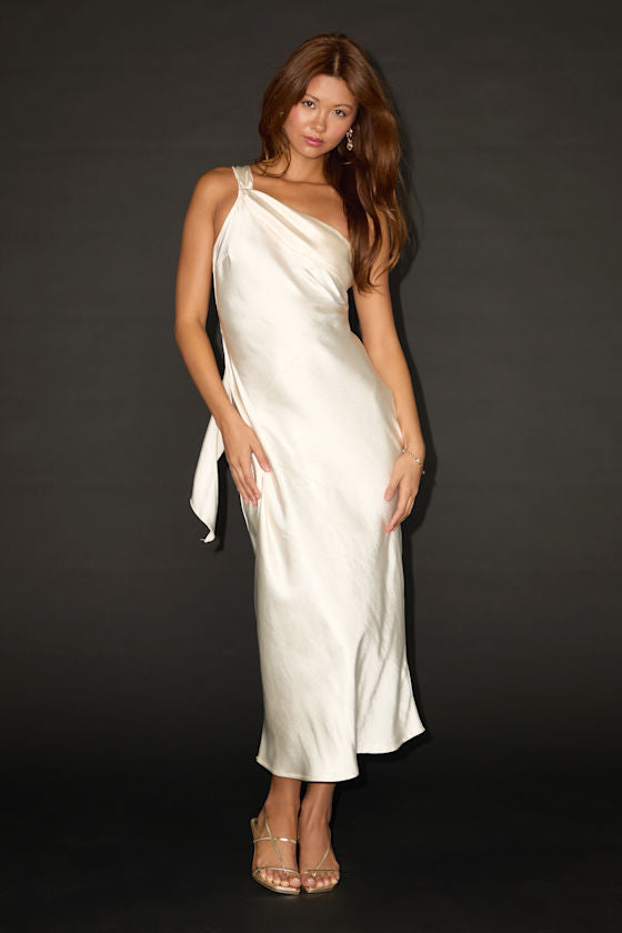 Naima Turquoise Satin One-Shoulder Midi Dress