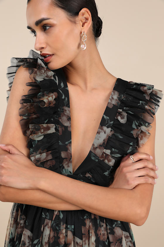 Simply Delighted Black Floral Mesh Ruffled Backless Maxi Dress