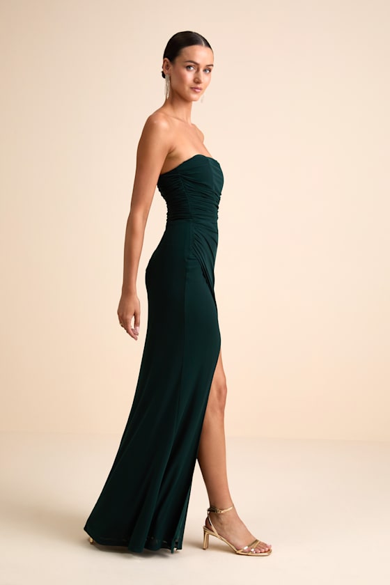 Epitome of Allure Purple Mesh Strapless Ruched Maxi Dress