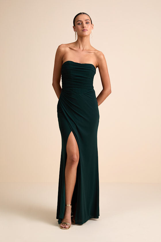 Epitome of Allure Black Mesh Strapless Ruched Maxi Dress