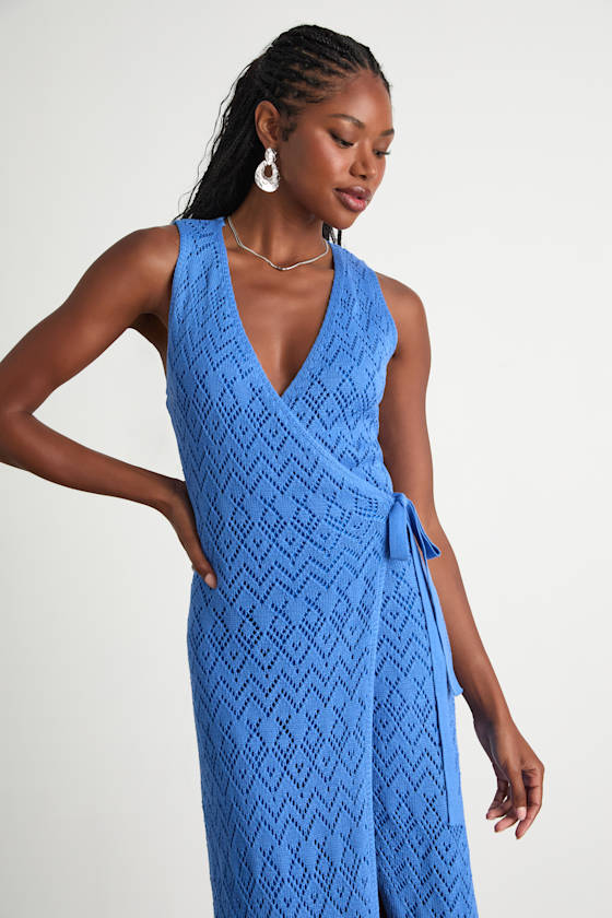 Livia Blue Pointelle Knit Wrap Midi Dress