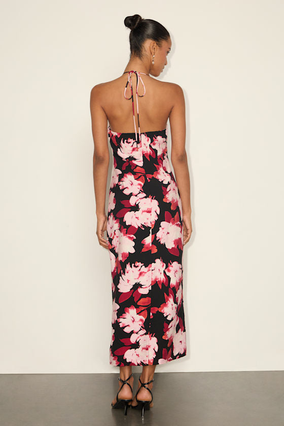 Valdria Blue Abstract Cowl Halter Midi Dress